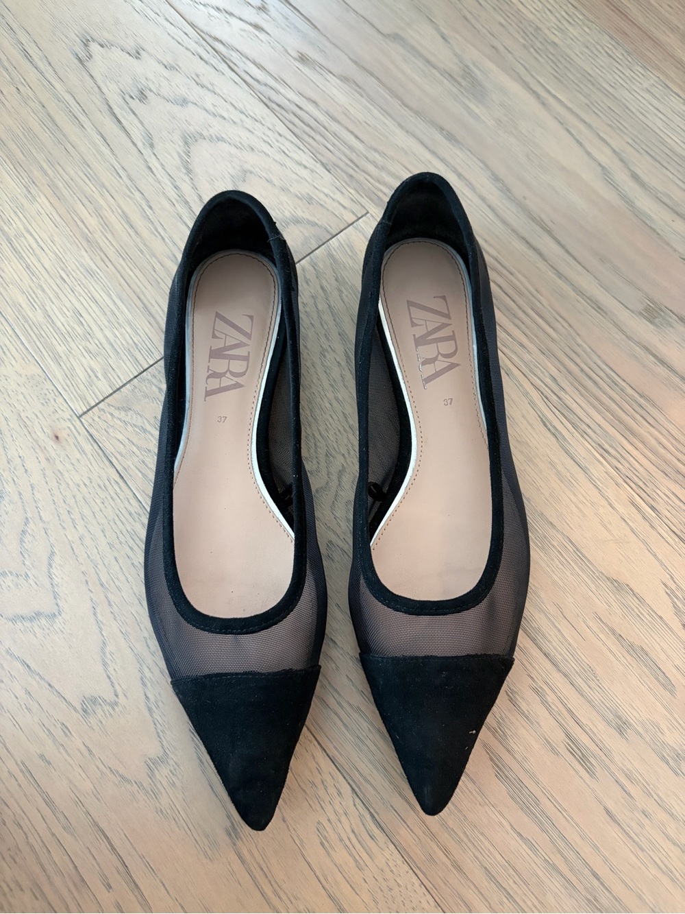 ZARA Black Pointed Mesh & Suede Trim Flats